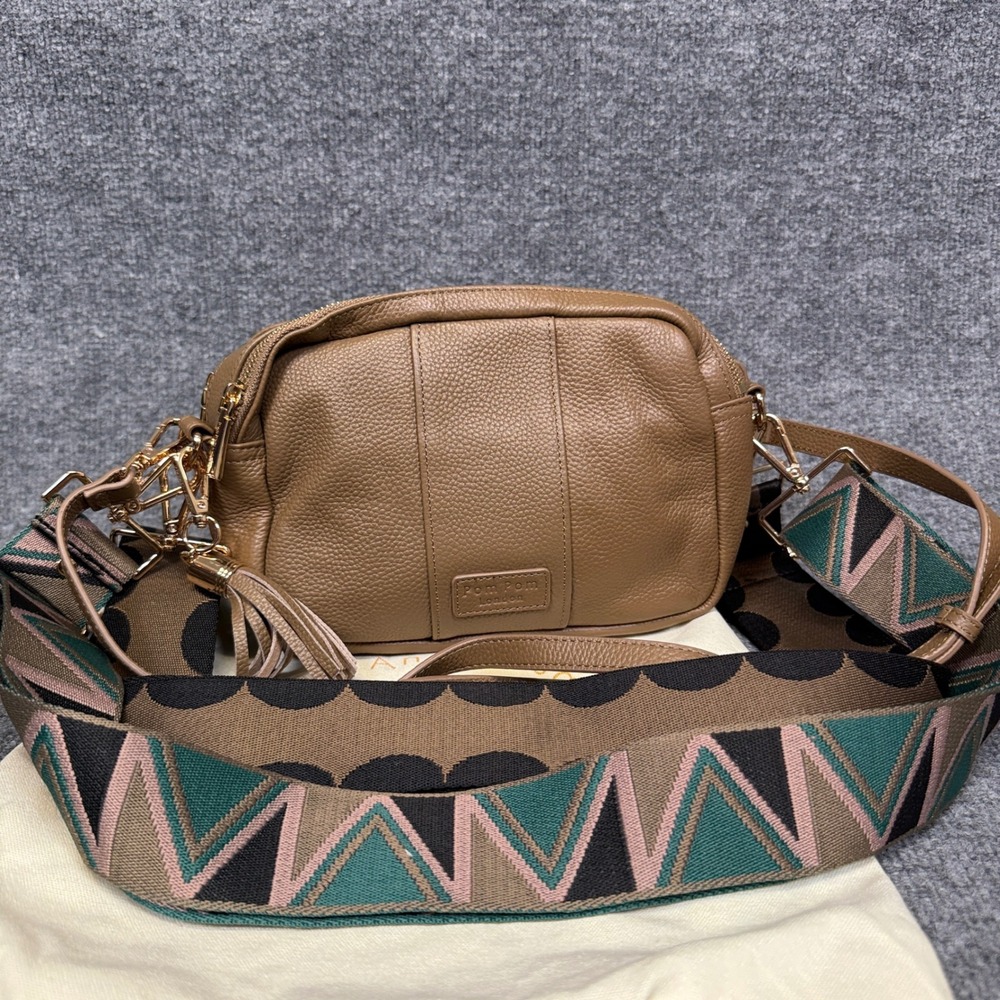 Pom Pom London Crossbody w Pouch Bag Purse Mocha Duo Pebble Leather Tassel